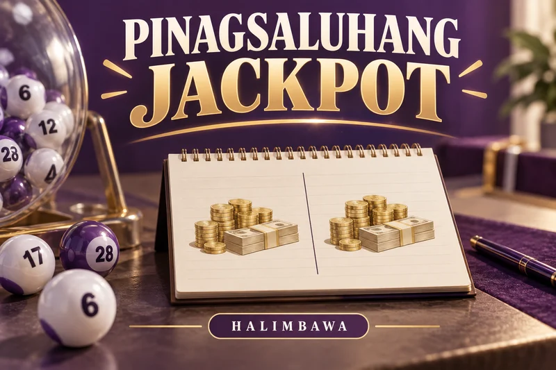 Orihinal na ilustrasyong lottery: Gross shared jackpot. Mga halimbawang label, hindi aktuwal na result.