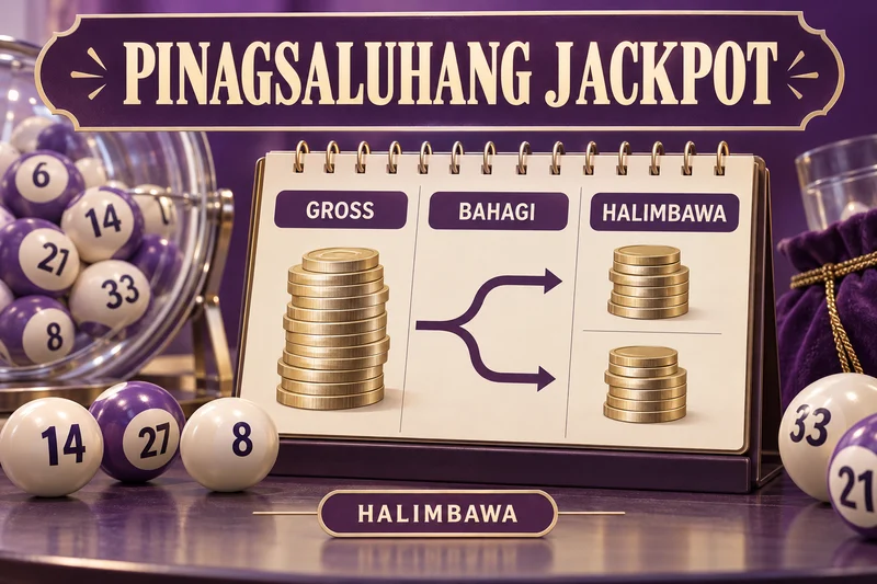 Paliwanag na ilustrasyon: Gross shared jackpot. Mga halimbawang label, hindi aktuwal na result.